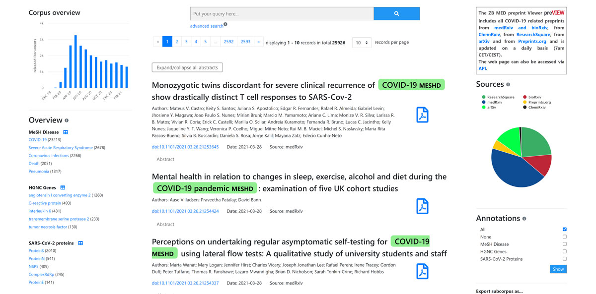 COVID-19: Informationssuche in Preprints erleichtert – ZB MED entwickelt Textmining-basierten Preprint Viewer